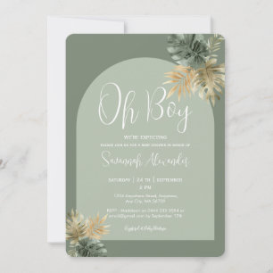 Oh Boy Watercolor Tropical Leaves Baby Shower Invitation