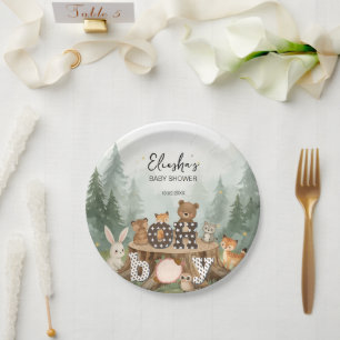 Oh Boy Watercolor Woodland Animals Baby Shower Paper Plate