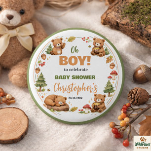 Oh Boy Watercolor Woodland Bear Baby Shower 3 Cm Round Badge