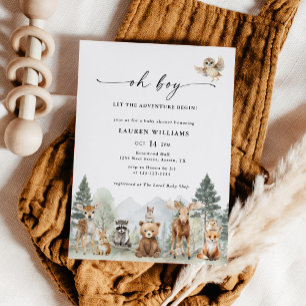 Oh Boy Watercolor Woodland Bear Baby Shower Invitation