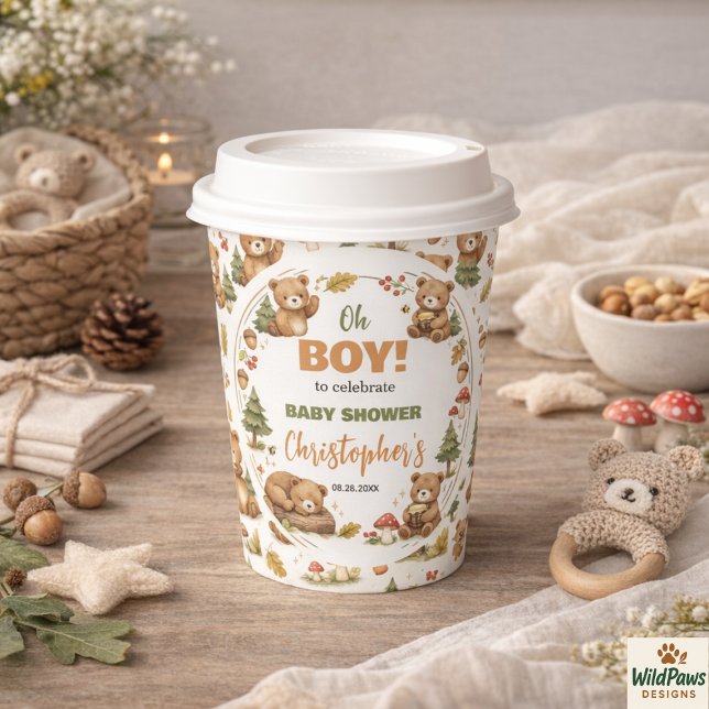 Oh Boy Watercolor Woodland Bear Baby Shower Paper Cups (Oh Boy Watercolor Woodland Bear Baby Shower Paper Cups)