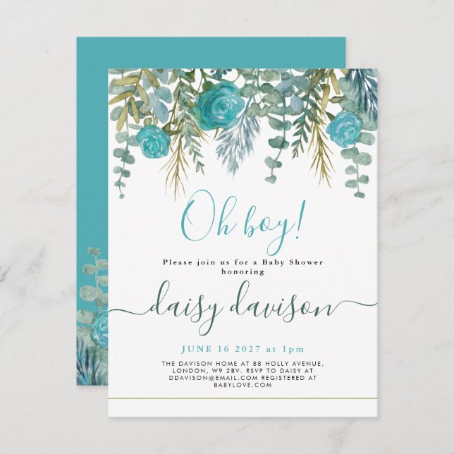 Oh Boy watercolour floral Baby Shower Invitation (Front/Back)