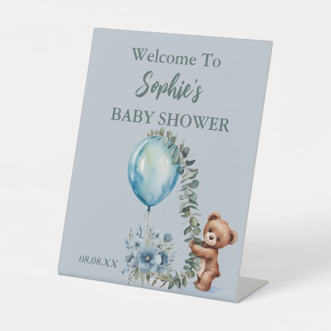 Oh Boy! We Can Bearly Wait" Baby Shower  Pedestal Sign (Front)