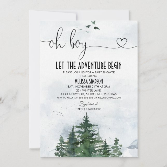 Oh Boy Wilderness Heart Calligraphy Baby Shower Invitation (Front)