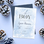 Oh Boy Winter Boy Baby Shower Invitation Blue<br><div class="desc">Oh Boy! This Winter Wonderland baby shower invitation features a blue watercolor background framed with soft white snowflakes. The design is perfect for a Boys Winter Baby shower. Modern Typography headline reads "oh BOY" in blue and silver. Personalise text with your Baby Shower information.</div>