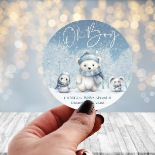 Oh Boy Winter Woodland Baby Shower Classic Round Sticker