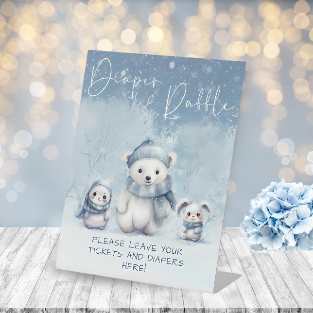 Oh Boy Winter Woodland Baby Shower Diaper Raffle  Pedestal Sign (Creator Uploaded)