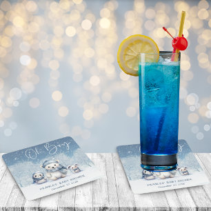 Oh Boy Winter   Woodland Baby Shower Square Paper Coaster