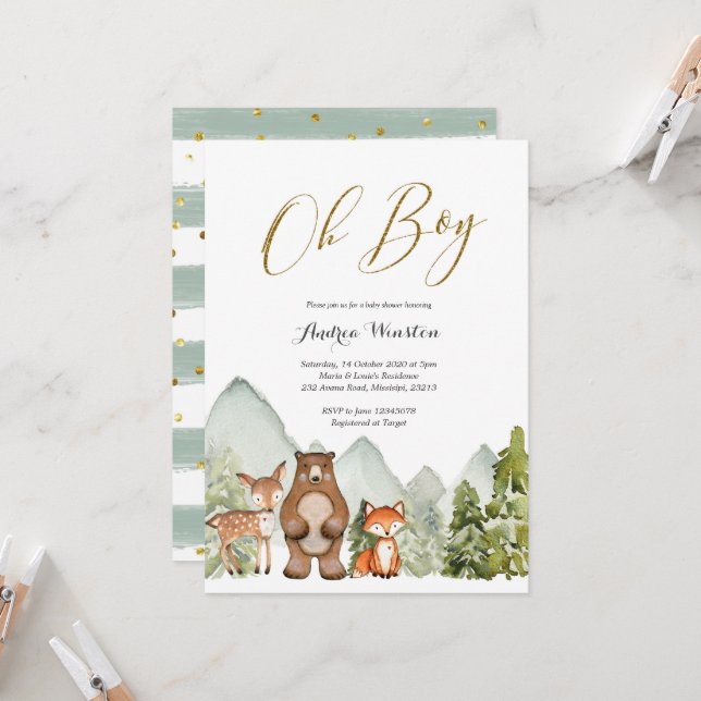 Oh Boy Woodland Animal Baby Shower Invitation (Front/Back In Situ)