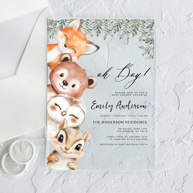 Oh Boy! Woodland Animals Baby Shower Acrylic Invitations (Creator Uploaded)