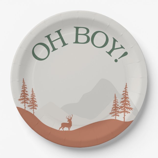 oh boy woodland mountain baby shower plate (Front)