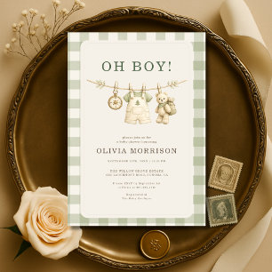 Oh Boy Woodland Teddy Bear Clothesline Baby Shower Invitation