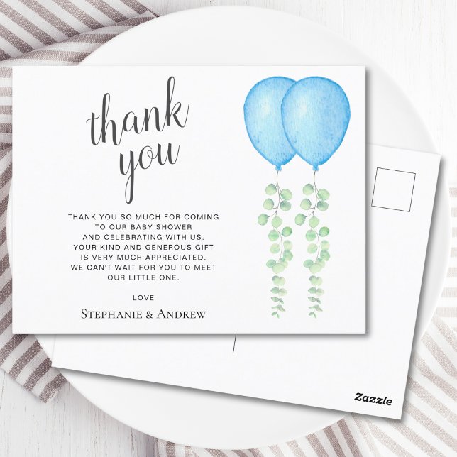 Oh Boys Blue Balloon Twins Baby Shower Thank You Postcard (Creator Uploaded)