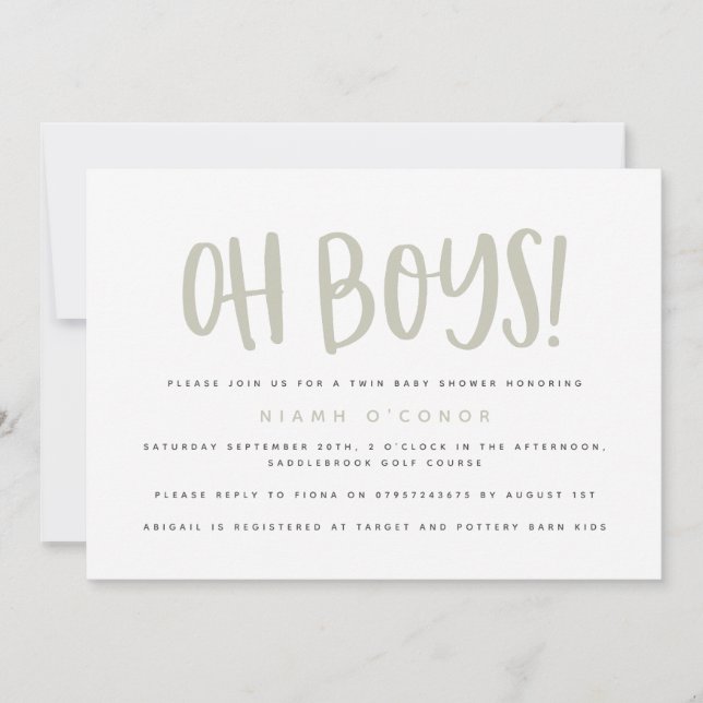 Oh boys twin baby shower invitation (Front)