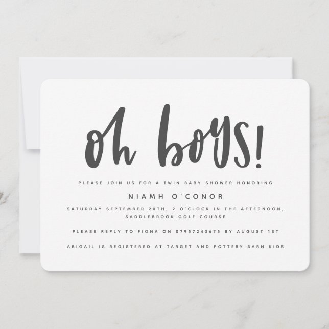 Oh boys twin baby shower invitation (Front)