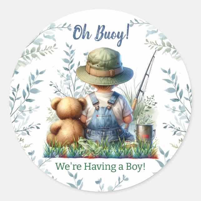 Oh Buoy, it's a Boy! Fishing Themed Baby Shower Classic Round Sticker (Front)