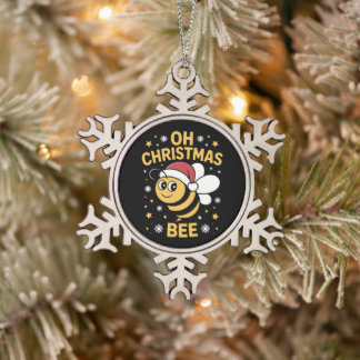 Oh Christmas Bee Santa Hat Snowflakes Stars Xmas Snowflake Pewter Christmas Ornament