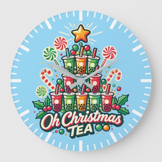 Oh Christmas Tea – Funny Boba Bubble Tea Holiday Large Clock (Front)