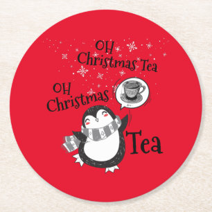 Oh Christmas Tea Penguin Lover - Tea Drinker Round Paper Coaster