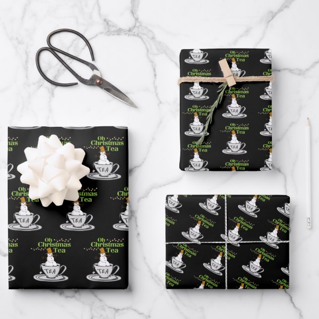 Oh Christmas Tea - Tea Lover Xmas Holiday Wrapping Paper Sheet (Front)