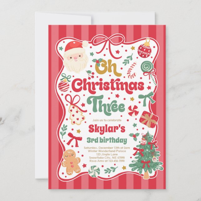 Oh Christmas Tree Coquette Bow 3rd Birthday Invitation (Front)