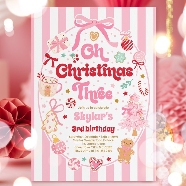 Oh Christmas Tree Coquette Bow 3rd Birthday Invitation (Creator Uploaded)