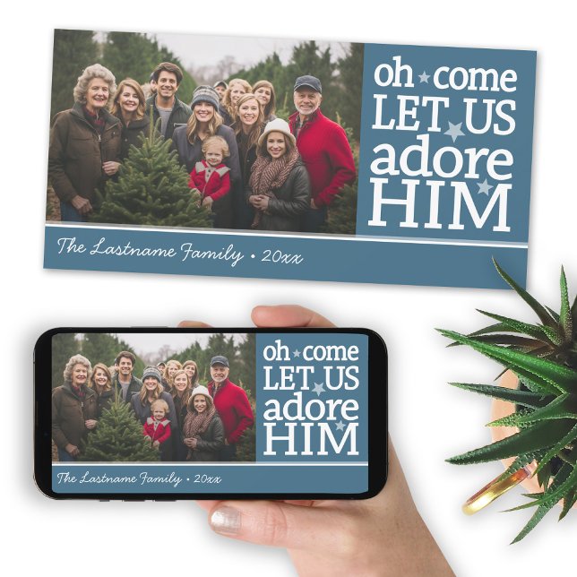 Oh Come Le Us Adore Him - Christian Photo Holiday Card (Add 1 photo to this easy Christmas card template. You can print or download the file.)