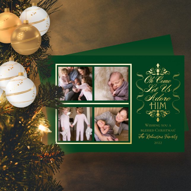 Oh Come Let Us Adore Him 4 Photo Christmas Foil Holiday Card (Creator Uploaded)