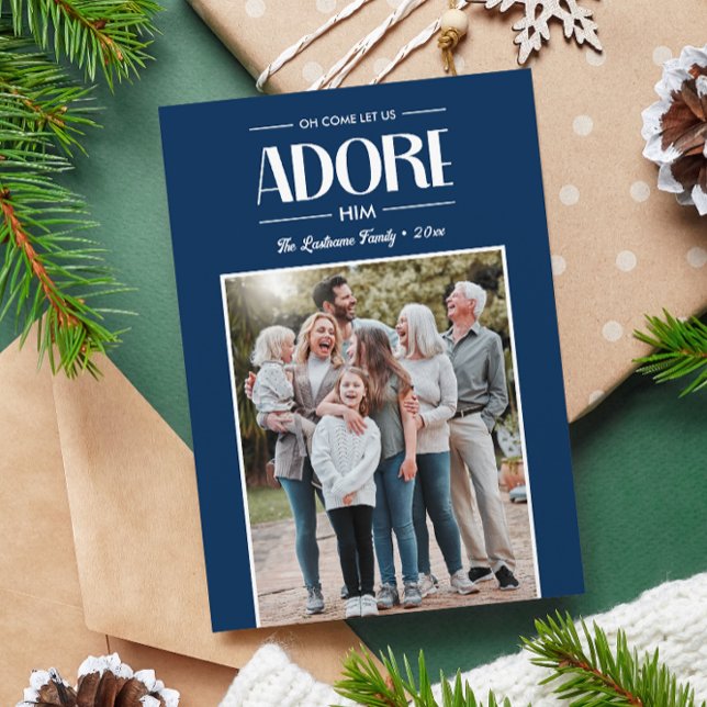 Oh Come Let Us Adore Him BLUE Christian Photo  Holiday Card (OH COME, LET US ADORE HIM FAMILY PHOTO CHRISTMAS RELIGIOUS MINIMIAL CARDS. Christian quote holiday)