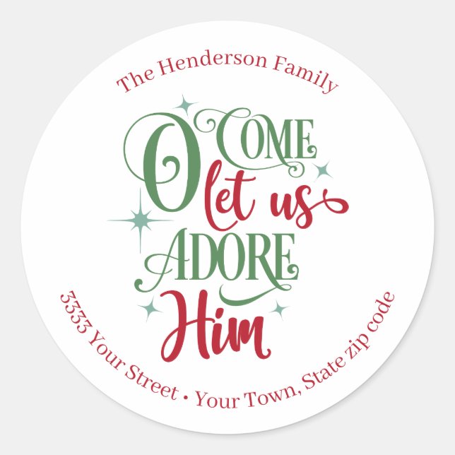 "Oh Come Let Us Adore Him Christmas Return Address Classic Round Sticker (Front)