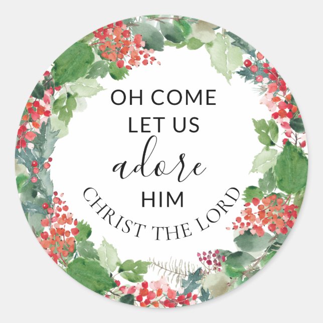Oh Come Let Us Adore Him Elegant Christmas Wreath Classic Round Sticker (Front)