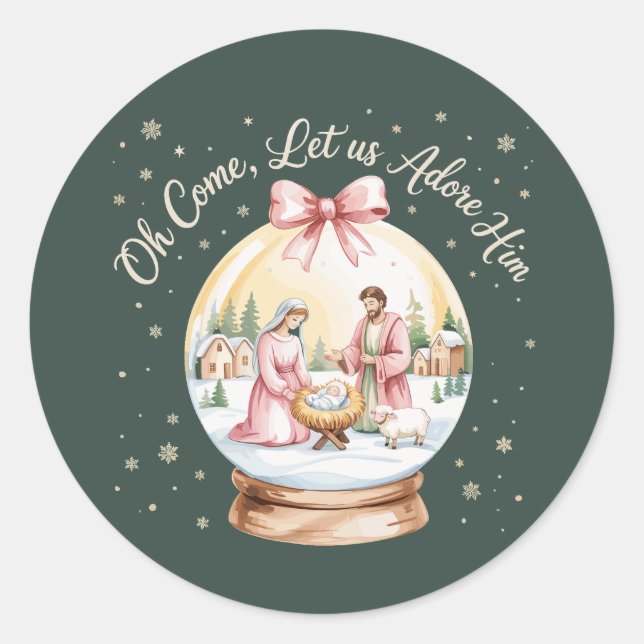 Oh Come Let Us Adore Him Jesus Xmas Pink Coquette  Classic Round Sticker (Front)