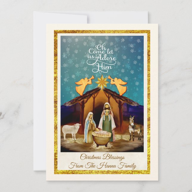 "Oh Come Let Us Adore Him" Nativity Christmas Holiday Card (Front)
