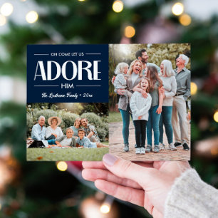 Oh Come Let Us Adore Him NAVY Christian 2 Photo Holiday Card