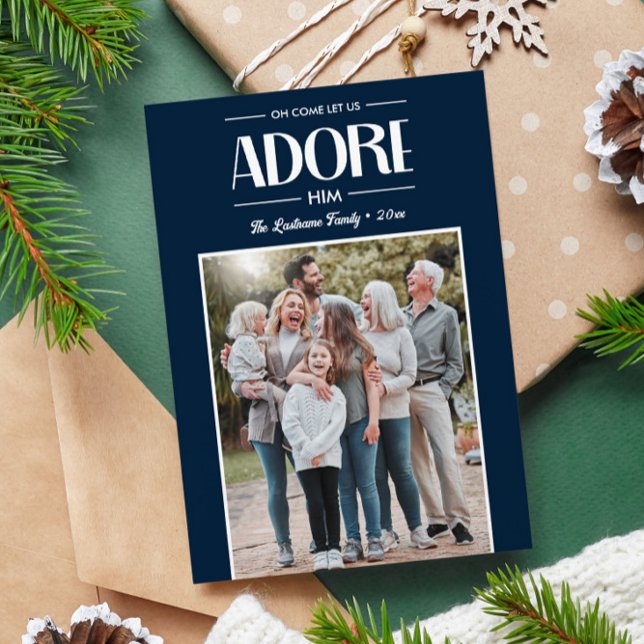 Oh Come Let Us Adore Him NAVY Christian Photo  Holiday Card (NAVY VERTICAL FAMILY PHOTO CHRISTIAN CHRISTMAS RELIGIOUS GREETING CARDS)