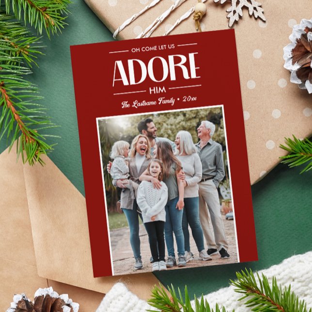 Oh Come Let Us Adore Him RED Christian Photo  Holiday Card (RED PORTRAIT FAMILY PHOTO CHRISTIAN RELIGIOUS CHRISTMAS CARDS WITH PHOTO TEMPLATE AND MESSAGE)