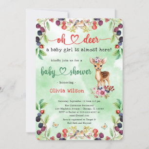 Oh Deer Baby Girl Berry Flowers Forest Baby Shower Invitation