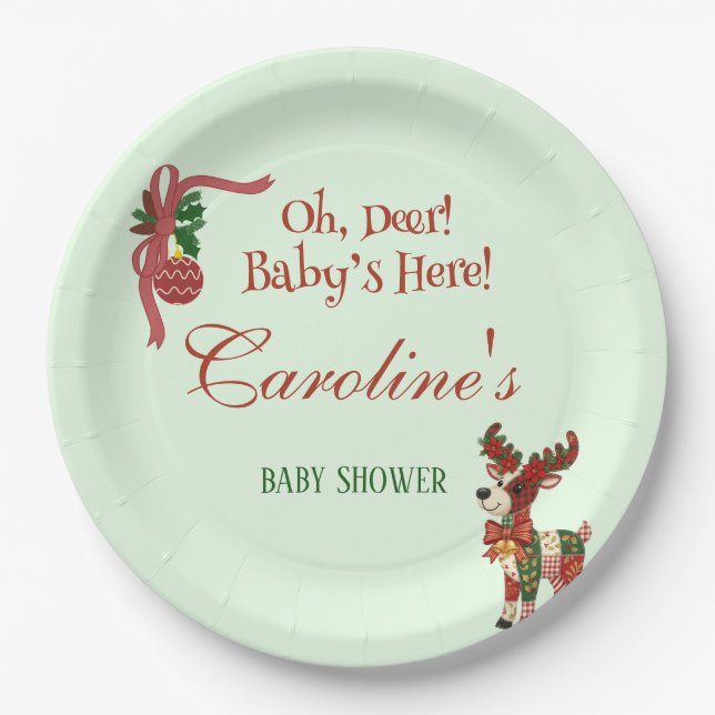 Oh, Deer! Baby’s Here! – Christmas Baby Shower Paper Plate (Front)