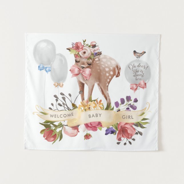 Oh Deer Baby Shower Backdrop Tapestry (Front (Horizontal))