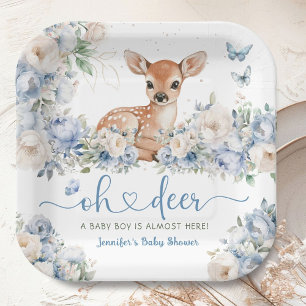 Oh Deer Baby Shower Boy Dusty Blue Paper Plate