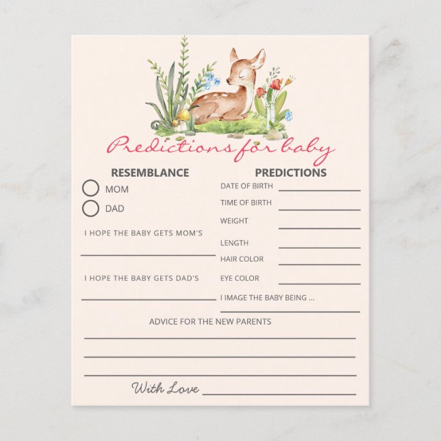 Oh Deer Baby Shower Game Predictions Card (Front)