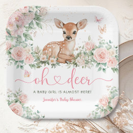 Oh Deer Baby Shower Girl Pink Paper Paper Plate