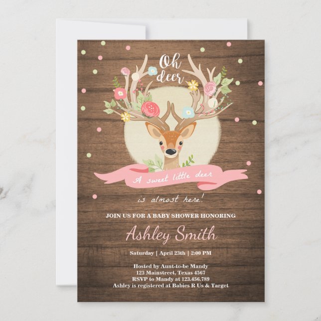 Oh Deer baby shower invite Woodland Antler Wood (Front)