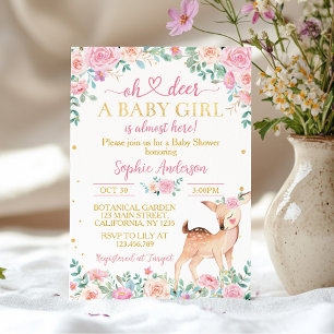 Oh Deer Baby Shower Pink Gold Floral Invitation