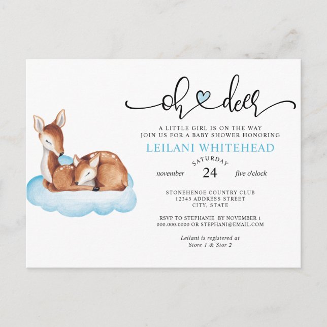 Oh Deer Baby Shower Watercolor Blue Cloud Postcard (Front)