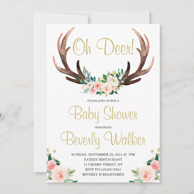 Oh Deer Baby Shower Watercolor Botanical Floral Invitation (Front)
