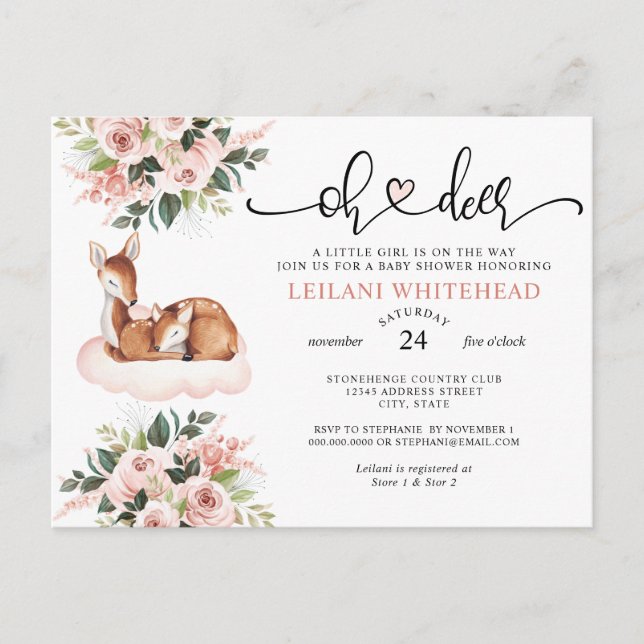 Oh Deer Baby Shower Watercolor Floral Invite Postcard (Front)