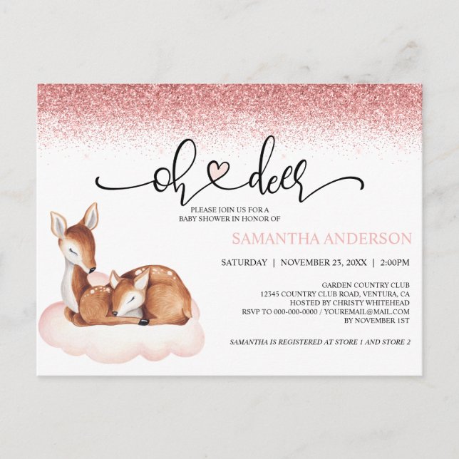 Oh Deer Baby Shower Watercolor Pink Glitter Invite Postcard (Front)