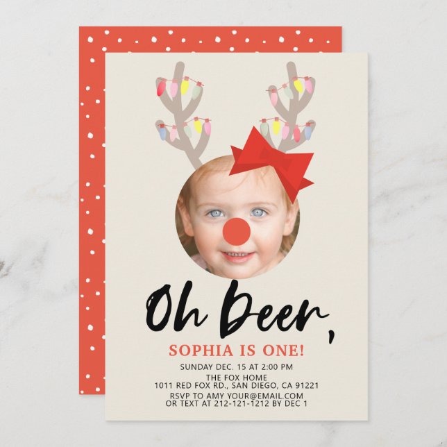 Oh Deer Beige & Red Holiday Photo 1st Birthday Inv Invitation (Front/Back)
