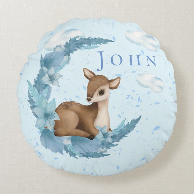 Oh, Deer & blue Clouds Dust Baby boy Nursery Throw Round Cushion (Front)